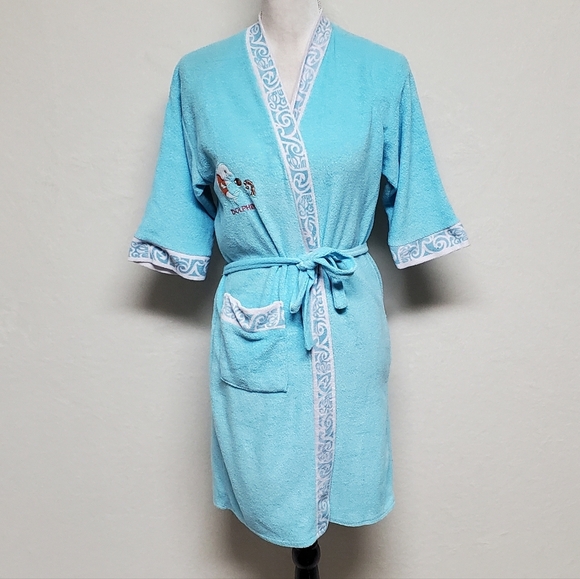 Rare Vintage 60s Dolphins Sky Blue Terrycloth Hawaiian Tie-Waist Mini Robe L - Picture 2 of 14